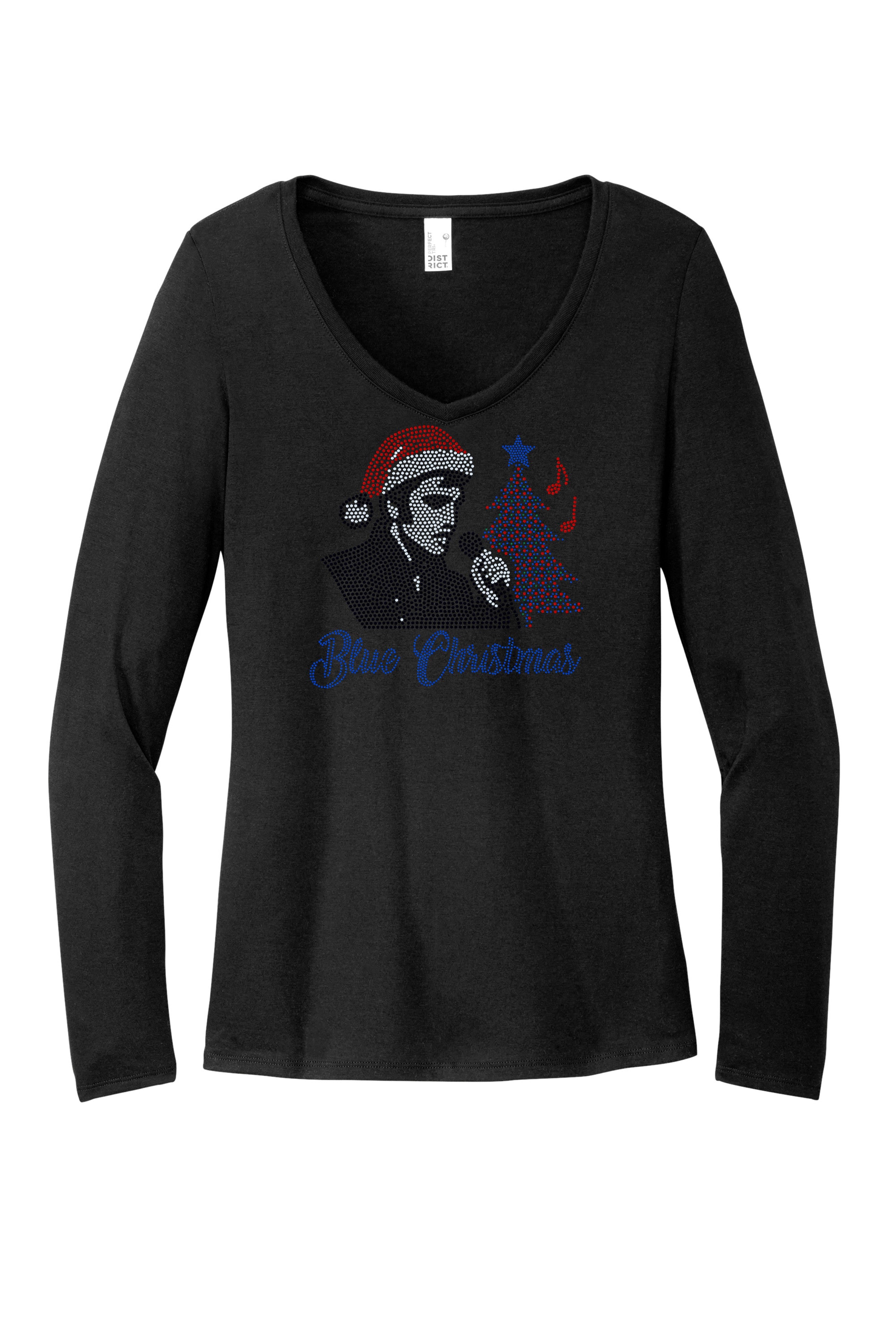 Elvis Blue Christmas Bling Sparkle Apparel – Ladies V-Neck Tee, Unisex Crewneck, Ladies Long Sleeve V-Neck Shirt, Unisex Sweatshirt