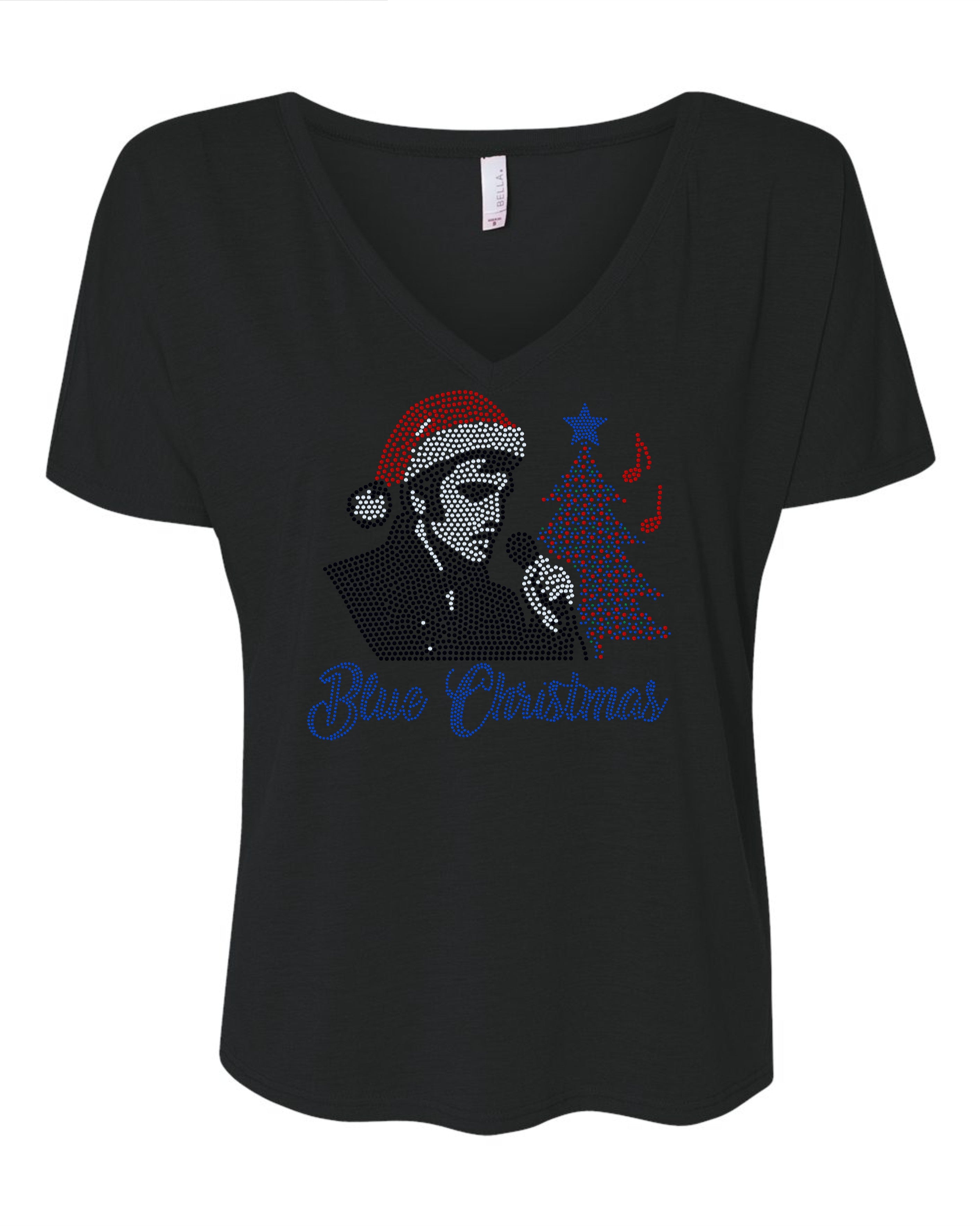 Elvis Blue Christmas Bling Sparkle Apparel – Ladies V-Neck Tee, Unisex Crewneck, Ladies Long Sleeve V-Neck Shirt, Unisex Sweatshirt