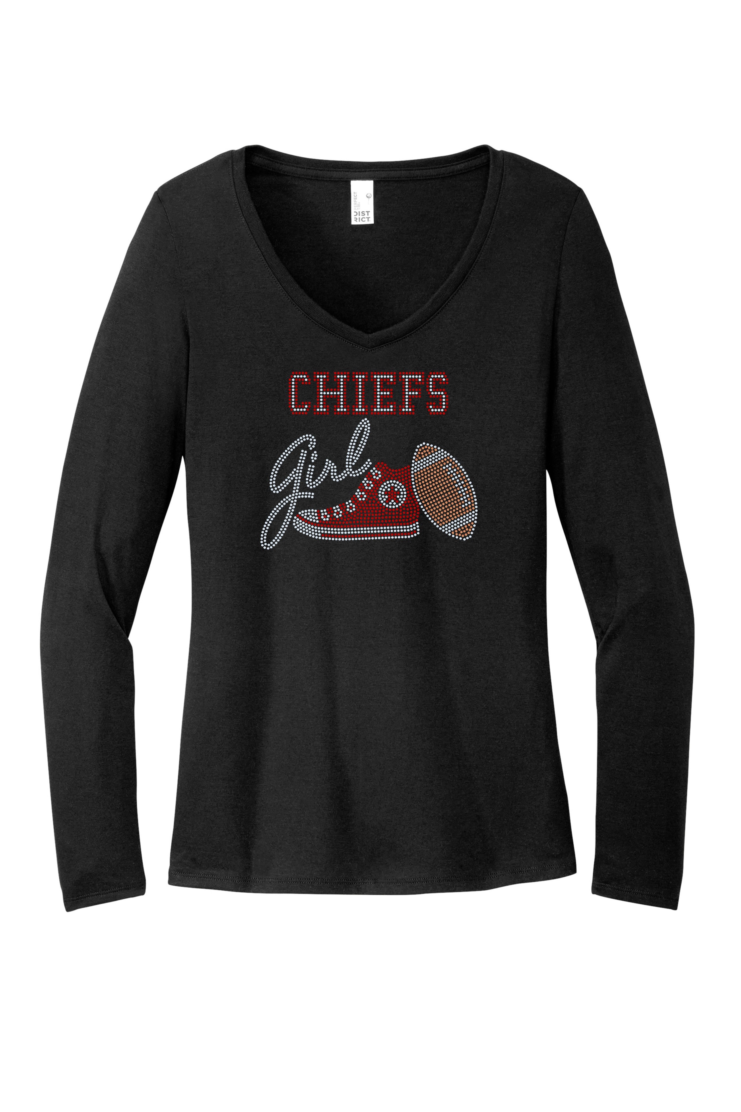Kansas City Chiefs Girl Football Bling Apparel – Ladies V-Neck Tee, Unisex Crewneck, Ladies Long Sleeve V-Neck Shirt, Unisex Sweatshirt