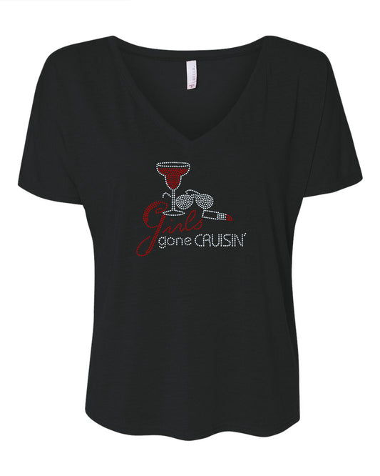 Girls Gone Cruising Sunglasses, Lipstick, Wine Glass Bling Tee / Vacation Tee / Cruise Tees - Stitch N Bling