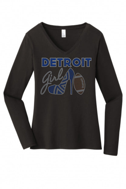 Personalized Detroit Football Bling Tee, High Heel Shoe, Detroit Girl! Personalization Optional! Tees, Long sleeve and Sweatshirts Available! - Stitch N Bling