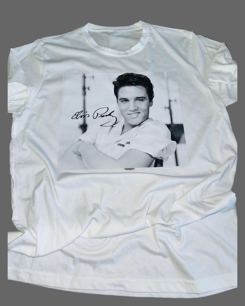 Elvis Presley Signature Photo Apparel – Ladies V-Neck Tee, Unisex Crewneck, Ladies Long Sleeve V-Neck Shirt, Unisex Sweatshirt! Customize with Elvis Quote on the Back