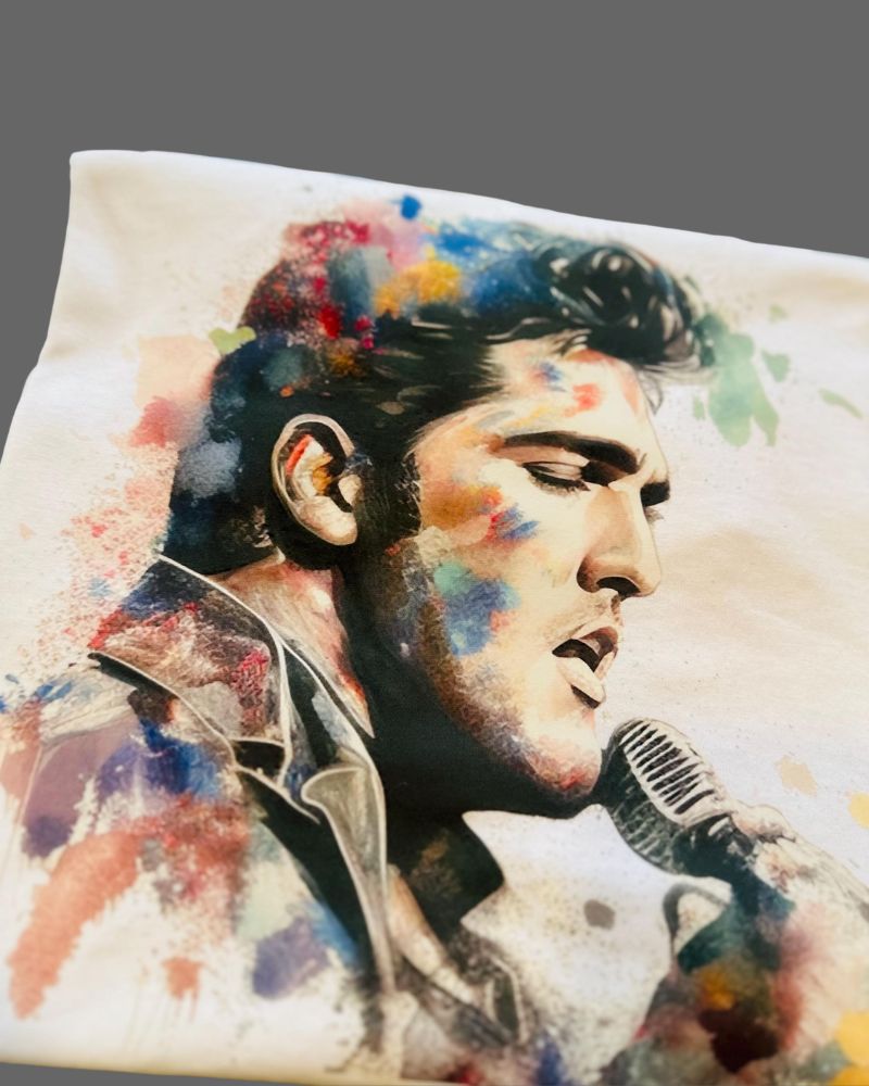 Elvis Presley Portrait Watercolor Apparel – Ladies V-Neck Tee, Unisex Crewneck, Ladies Long Sleeve V-Neck Shirt, Unisex Sweatshirt