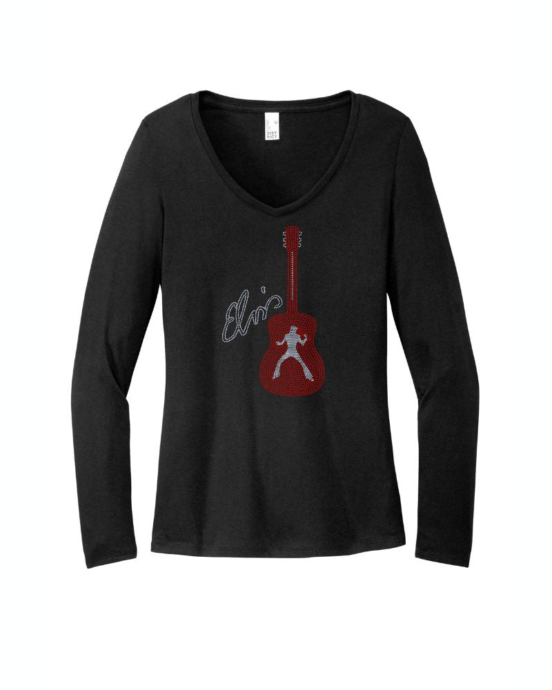 Elvis Presley Rock n Roll Guitar Bling Apparel – Ladies V-Neck Tee, Unisex Crewneck, Ladies Long Sleeve V-Neck Shirt, Unisex Sweatshirt