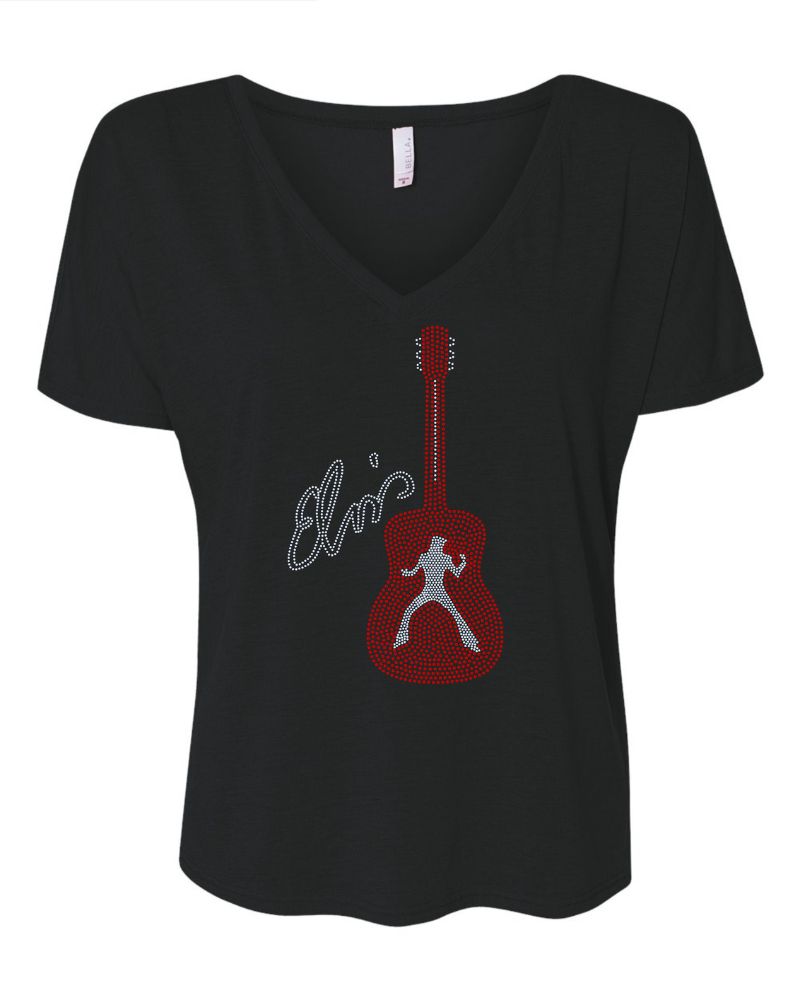 Elvis Presley Rock n Roll Guitar Bling Apparel – Ladies V-Neck Tee, Unisex Crewneck, Ladies Long Sleeve V-Neck Shirt, Unisex Sweatshirt