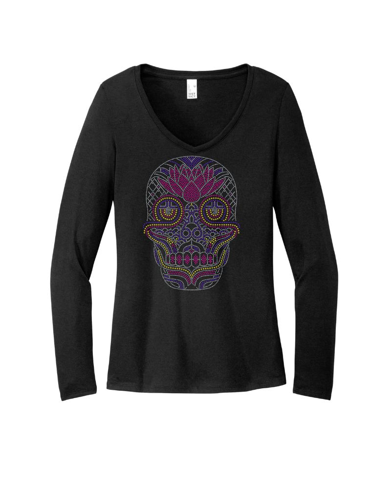 Sugar Skull – Día de los Muertos Sparkle Bling Apparel – Ladies V-Neck Tee, Unisex Crewneck, Ladies Long Sleeve V-Neck Shirt, Unisex Sweatshirt