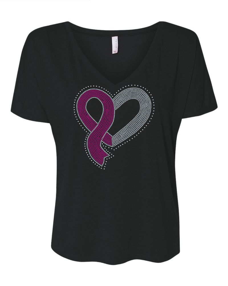 Heart of Hope Breast Cancer Awareness Ribbon Apparel – Ladies V-Neck Tee, Unisex Crewneck, Ladies Long Sleeve V-Neck Shirt, Unisex Sweatshirt Choose your Ribbon Color Bling