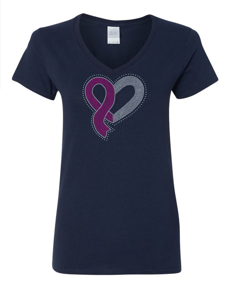 Heart of Hope Breast Cancer Awareness Ribbon Apparel – Ladies V-Neck Tee, Unisex Crewneck, Ladies Long Sleeve V-Neck Shirt, Unisex Sweatshirt Choose your Ribbon Color Bling
