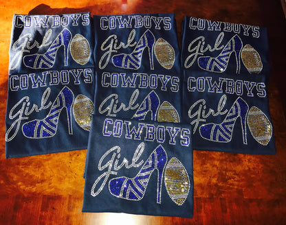 Dallas Cowboys Bling Tee, Bling High Heel Shoe, Cowboys Girl, Optional Personalization Name & Number Tee! - Stitch N Bling