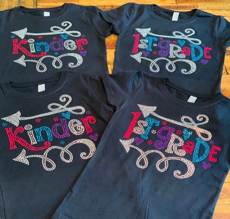 Bling Youth Grade School Tees, Back to School Tees, Arrow Accents, First Grade Bling Tee, 1st Grade, 2nd Grade, 3rd, 4th, 5th Grade Tee - Stitch N Bling