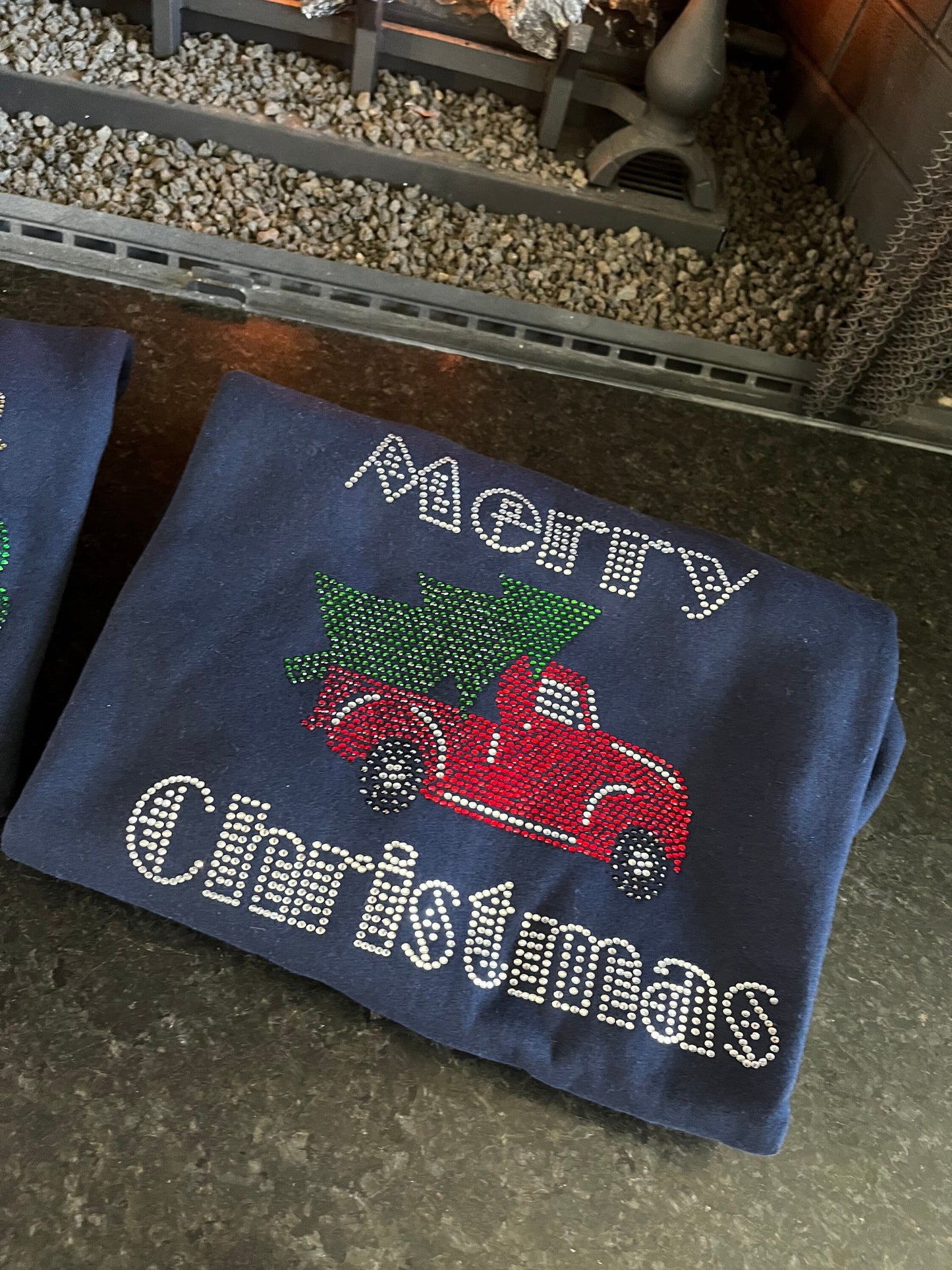 Merry Christmas Old Truck with Christmas Tree Spangle Tee, T-Shirt/Christmas Tree Design! Christmas Sweatshirt, Tee, Long Sleeve Available - Stitch N Bling