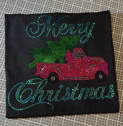 Merry Christmas Old Pink Truck with Christmas Tree Spangle Tee, T-Shirt/Christmas Tree Design! Christmas Sweatshirt - Stitch N Bling