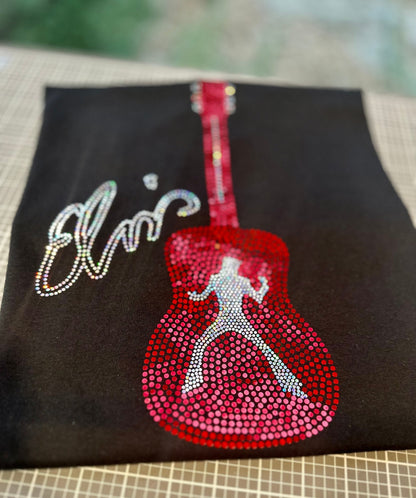 Elvis Presley Rock n Roll Guitar Bling Tee or Sweatshirt! Elvis Bling in Red and silver spangles or any custom color! - Stitch N Bling