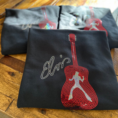 Elvis Presley Rock n Roll Guitar Bling Tee or Sweatshirt! Elvis Bling in Red and silver spangles or any custom color! - Stitch N Bling