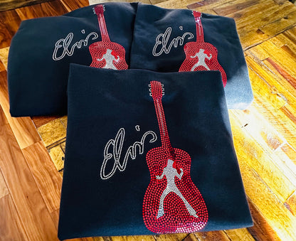 Elvis Presley Rock n Roll Guitar Bling Tee or Sweatshirt! Elvis Bling in Red and silver spangles or any custom color! - Stitch N Bling