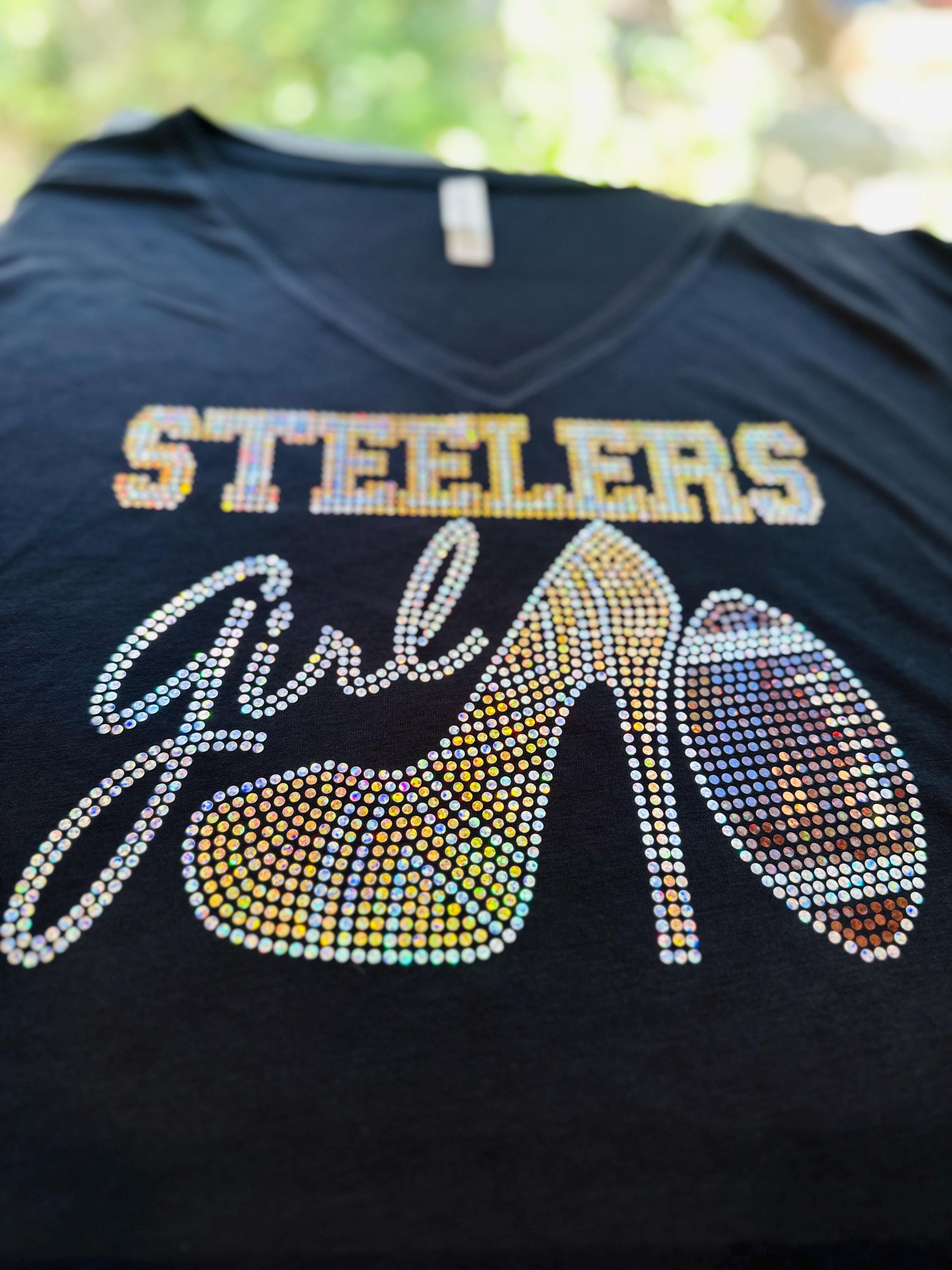 Pittsburgh Steelers Bling Tee, Converse Tennis Shoe, Bling High Heel, Steelers Girl, Optional Personalization Name & Number Tee! - Stitch N Bling