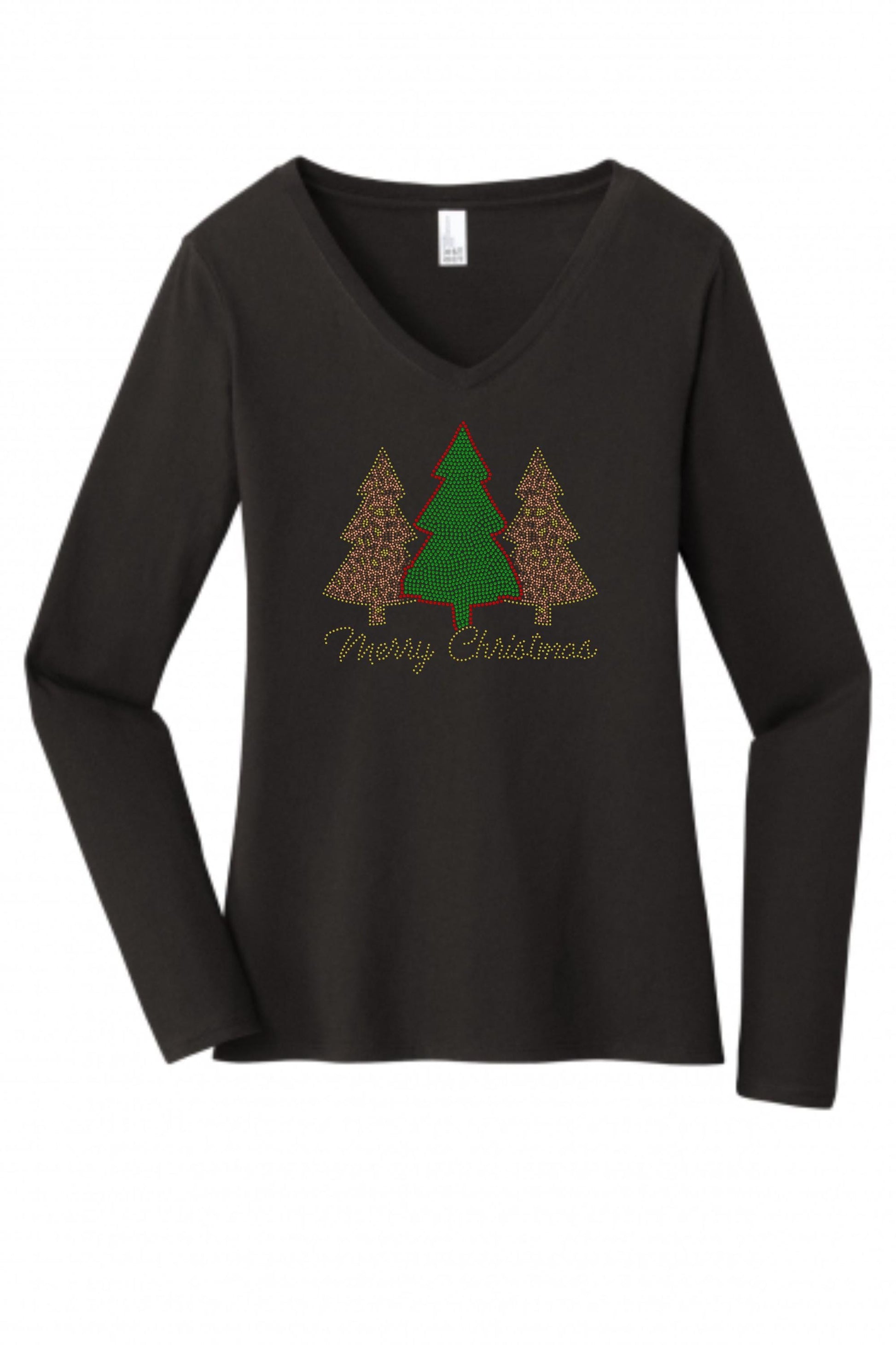 Merry Christmas Trees Bling Tee, T-Shirt Christmas Spangle Design! Christmas Trees! Holiday Bling Tree Tee, Long Sleeve or Sweatshirts! - Stitch N Bling