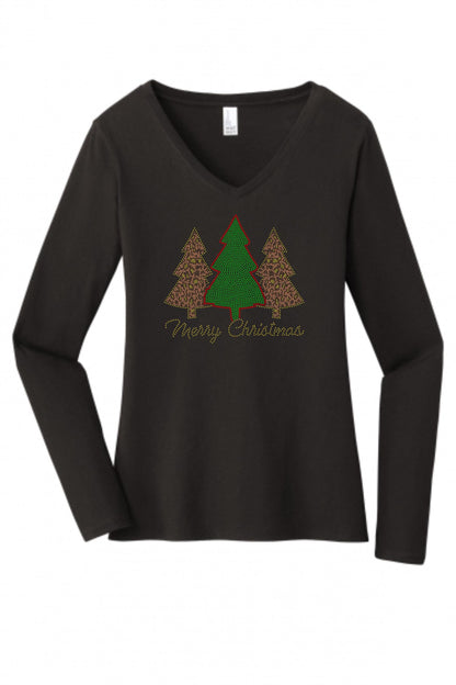 Merry Christmas Trees Bling Tee, T-Shirt Christmas Spangle Design! Christmas Trees! Holiday Bling Tree Tee, Long Sleeve or Sweatshirts! - Stitch N Bling