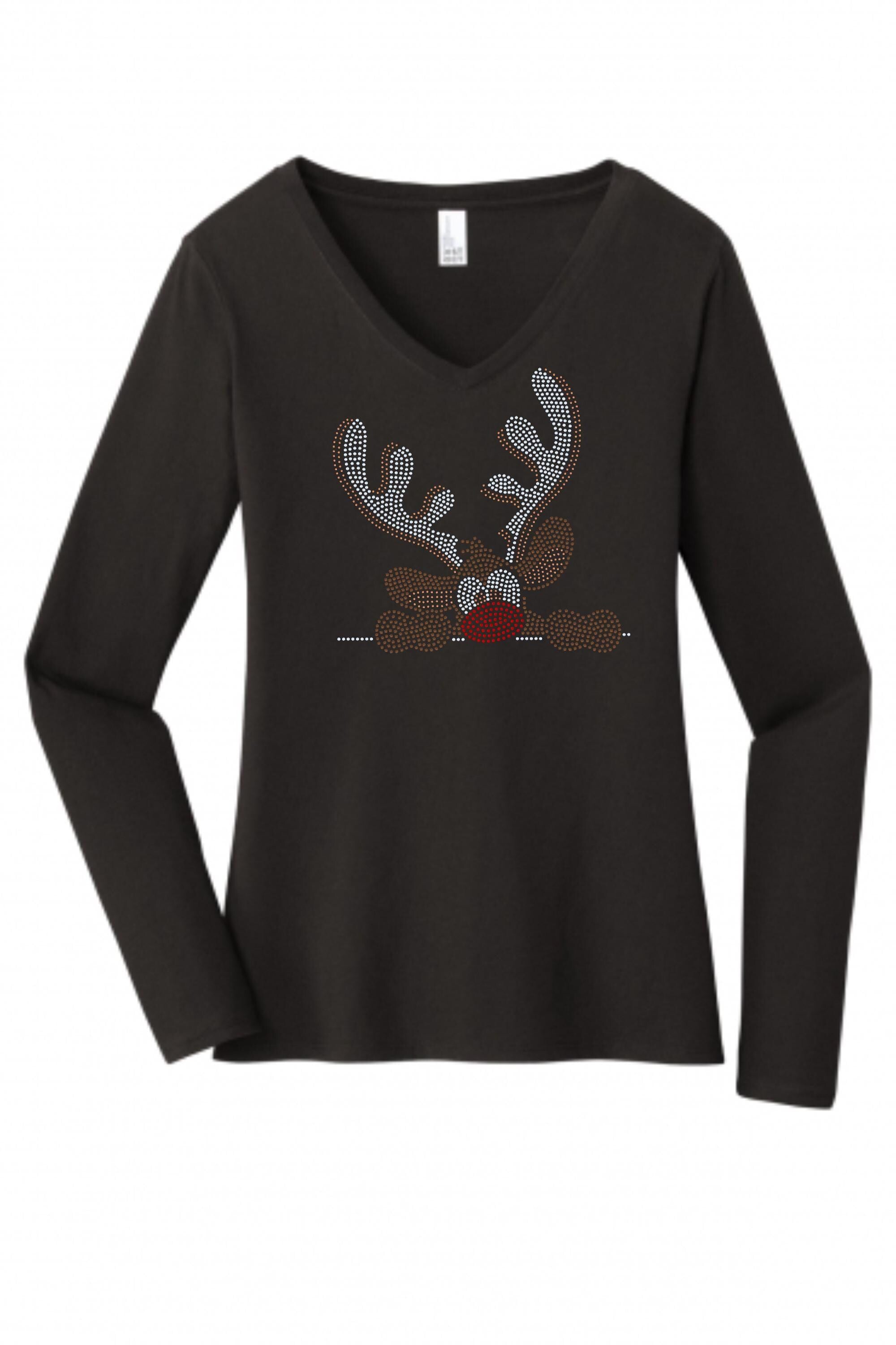 Christmas Reindeer Bling Tee, T-Shirt Christmas Spangle Design! Rudolph the Reindeer Tee, Long Sleeve or Sweatshirts! - Stitch N Bling