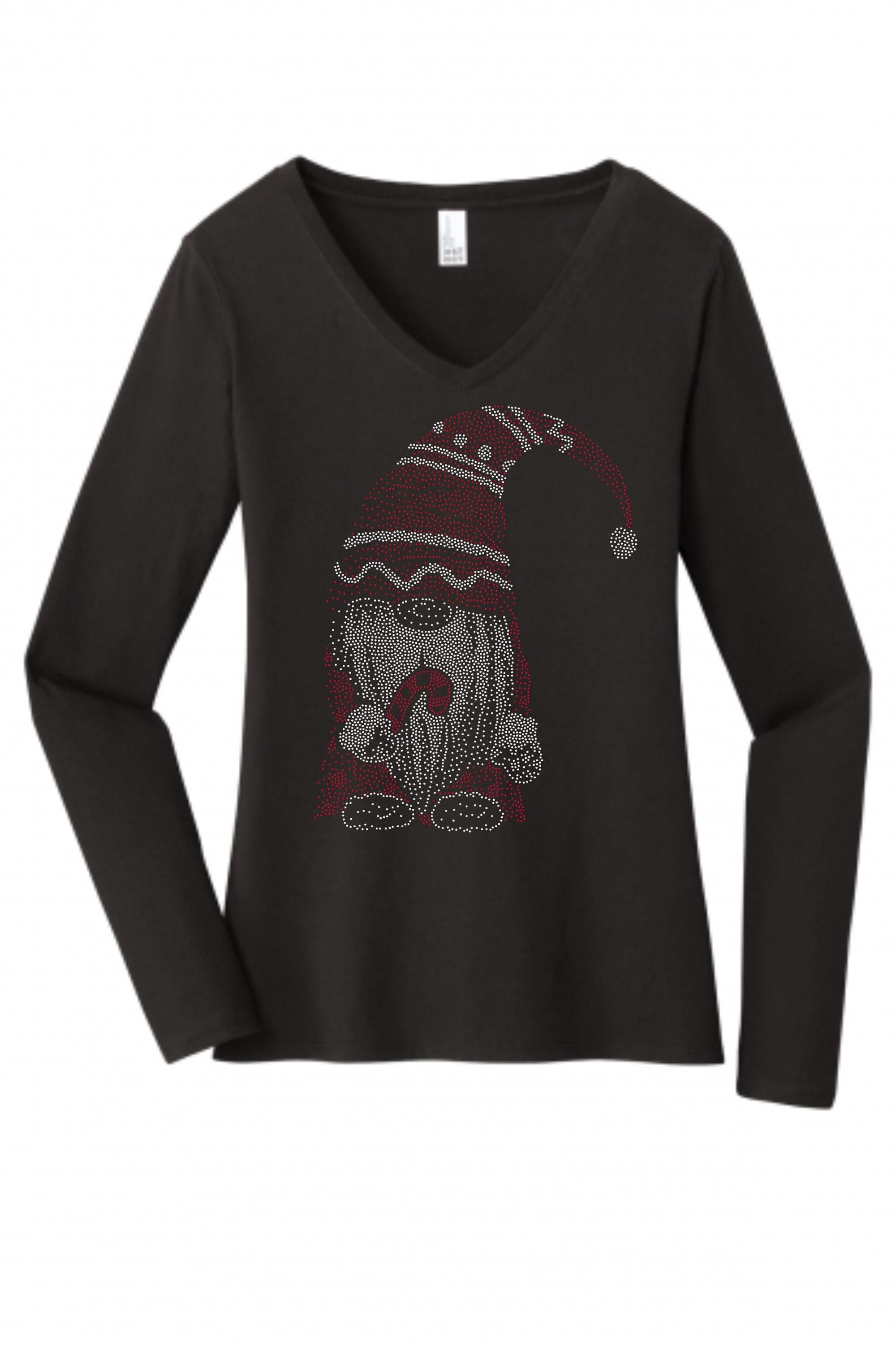Christmas Gnome Bling Tee, T-Shirt Christmas Spangle Design! Gnome with Santa Hat! Gnome Tee, Long Sleeve or Sweatshirts! - Stitch N Bling