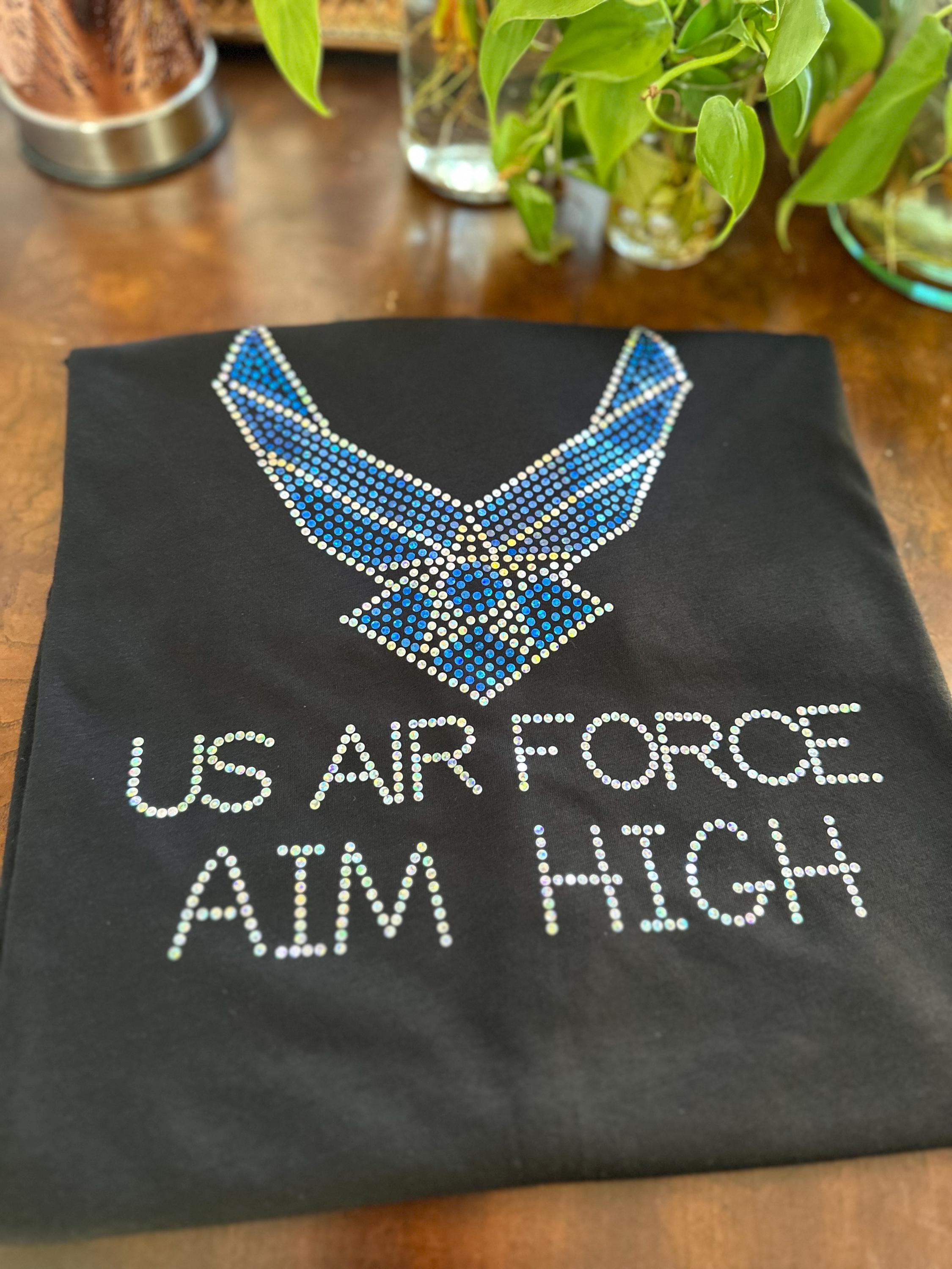 US Airforce Bling / Military Sparkle/ USA Airforce Bling Navy or Black Tee or Tank - Stitch N Bling