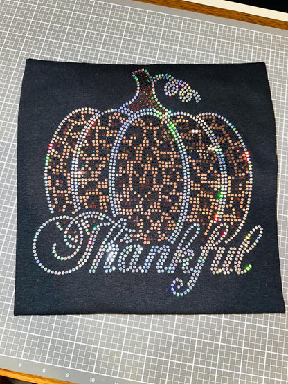 Thankful Leopard Pumpkin Bling Tee, T-Shirt Pumpkin Spangle Design! Fall Pumpkin Tee, Long Sleeve or Sweatshirt! Thanksgiving Shirt! Holiday - Stitch N Bling