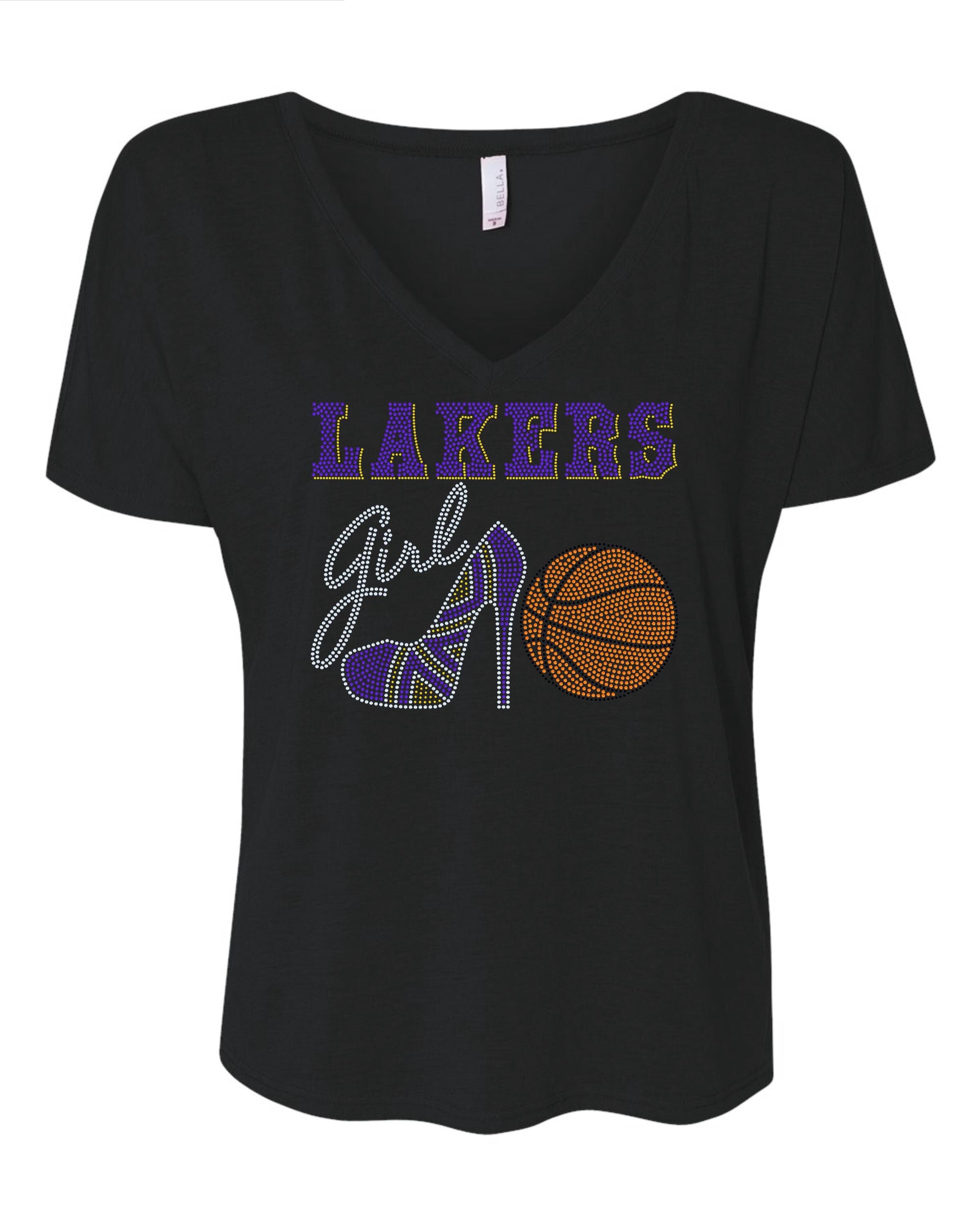 Personalized Los Angeles Lakers Bling Tee, High Heel Tennis Shoe, Lakers Girl, Personalization Optional! Long sleeve and Sweatshirts! - Stitch N Bling