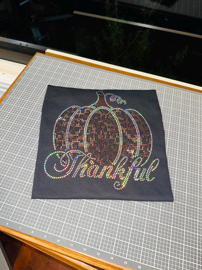 Thankful Leopard Pumpkin Bling Tee, T-Shirt Pumpkin Spangle Design! Fall Pumpkin Tee, Long Sleeve or Sweatshirt! Thanksgiving Shirt! Holiday - Stitch N Bling