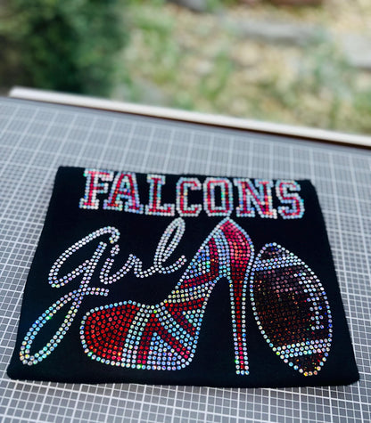 Personalized Atlanta Falcons Bling Tee, High Heel Shoe, Falcons Girl, Personalization Optional! Long sleeve and Sweatshirts! - Stitch N Bling