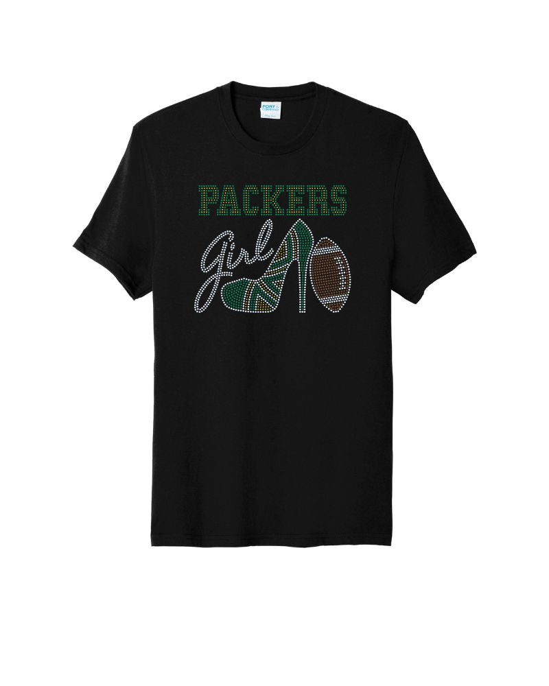 Green Bay Packers Girl High Heel Football Bling Apparel – Ladies V-Neck Tee, Unisex Crewneck, Ladies Long Sleeve V-Neck Shirt, Unisex Sweatshirt