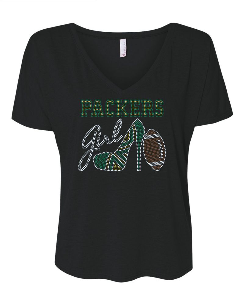 Green Bay Packers Girl High Heel Football Bling Apparel – Ladies V-Neck Tee, Unisex Crewneck, Ladies Long Sleeve V-Neck Shirt, Unisex Sweatshirt