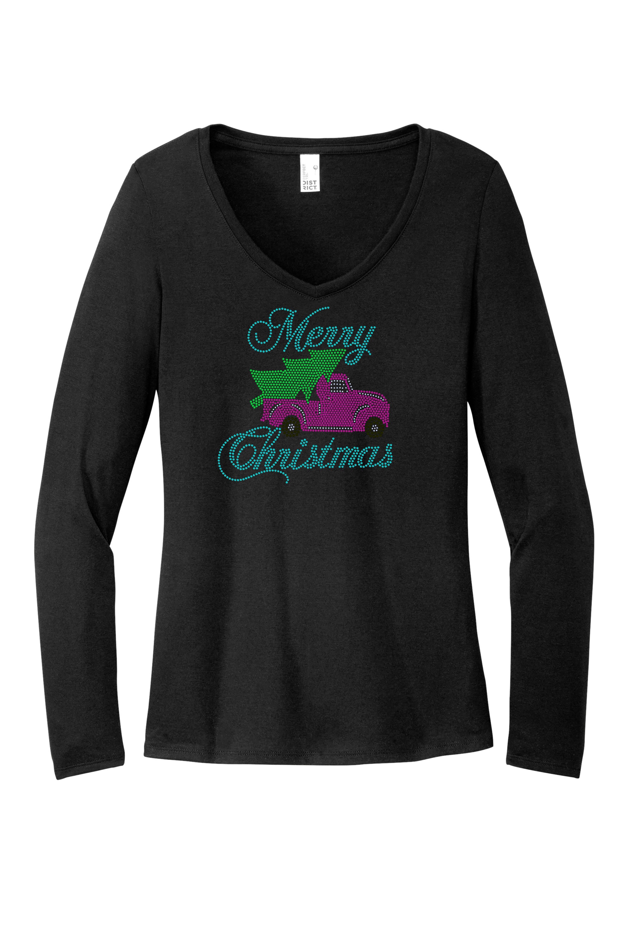Merry Christmas Old Pink Truck with Christmas Tree Bling Apparel – Ladies V-Neck Tee, Unisex Crewneck, Ladies Long Sleeve V-Neck Shirt, Unisex Sweatshirt