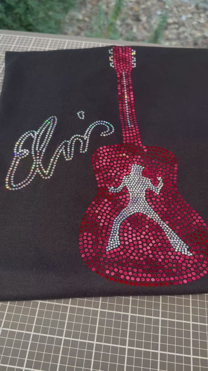 Elvis Presley Rock n Roll Guitar Bling Tee or Sweatshirt! Elvis Bling in Red and silver spangles or any custom color!