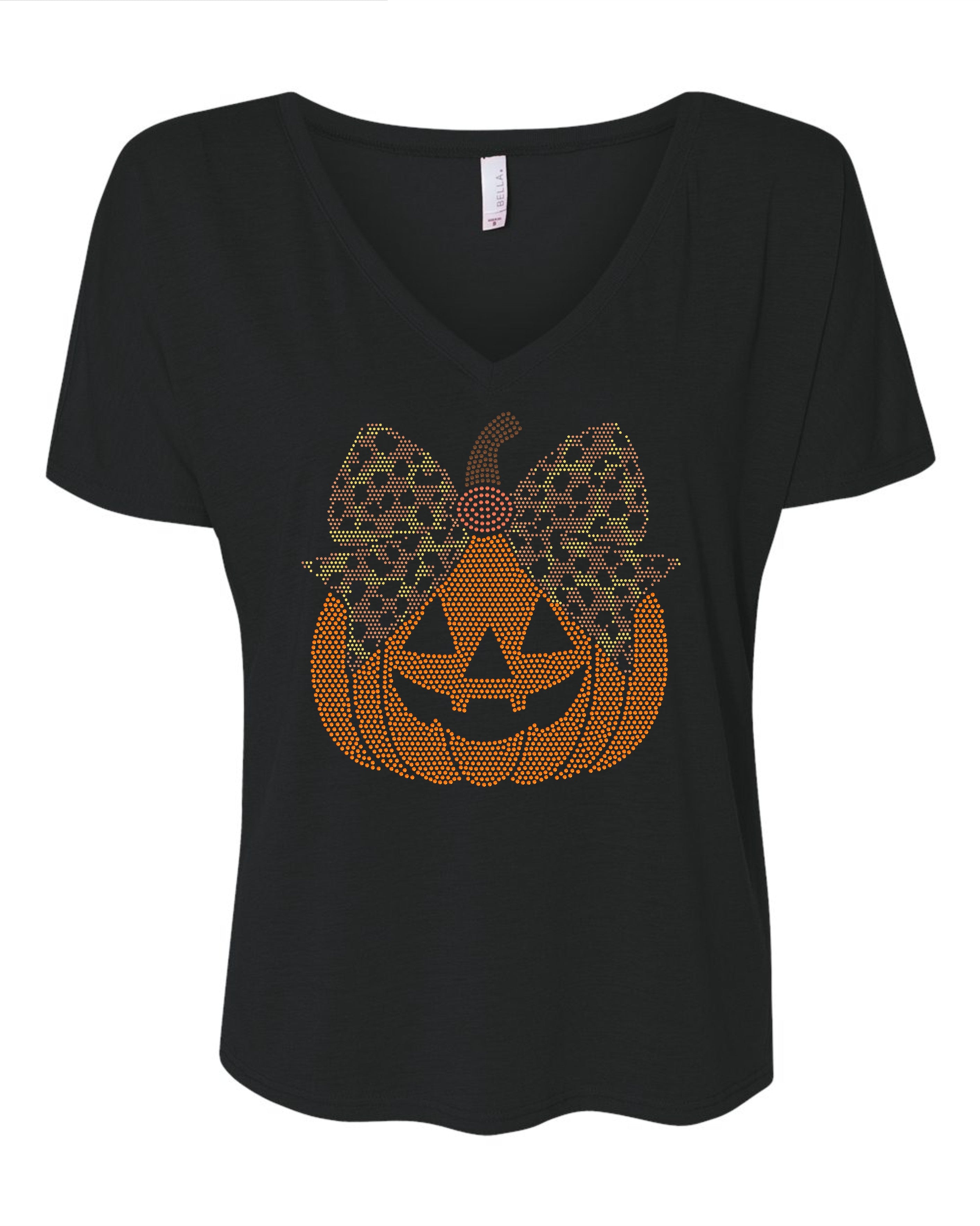 Miss Jack O Lantern Pumpkin Bling Apparel – Ladies V-Neck Tee, Unisex Crewneck, Ladies Long Sleeve V-Neck Shirt, Unisex Sweatshirt