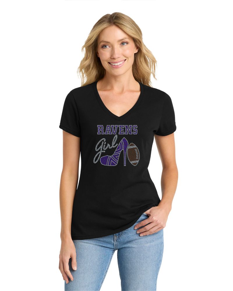 Baltimore Ravens Girl High Heel Football Bling Apparel -  Ladies V-Neck Tee, Unisex Crewneck, Ladies Long Sleeve V-Neck Shirt, Unisex Sweatshirt