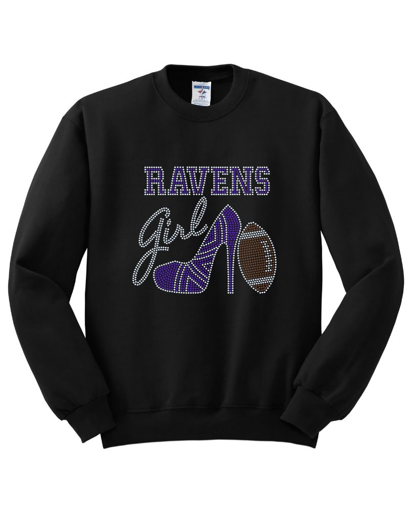 Baltimore Ravens Girl High Heel Football Bling Apparel -  Ladies V-Neck Tee, Unisex Crewneck, Ladies Long Sleeve V-Neck Shirt, Unisex Sweatshirt