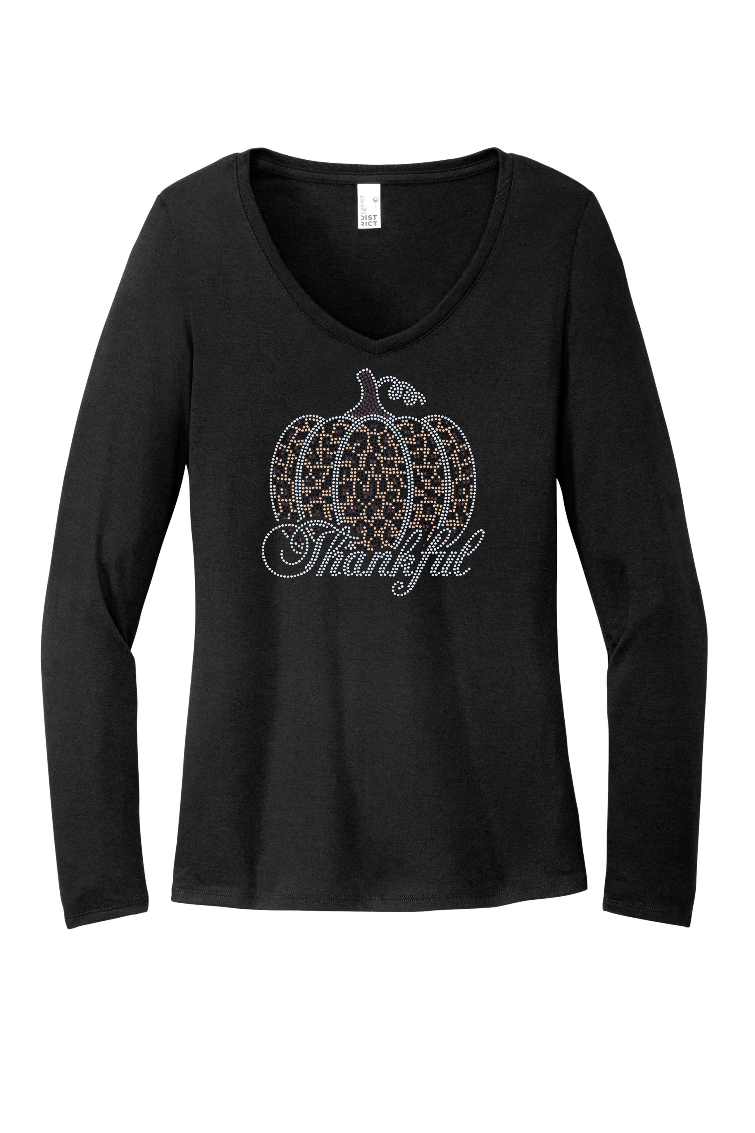 Thankful Leopard Pumpkin Bling Apparel – Ladies V-Neck Tee, Unisex Crewneck, Ladies Long Sleeve V-Neck Shirt, Unisex Sweatshirt