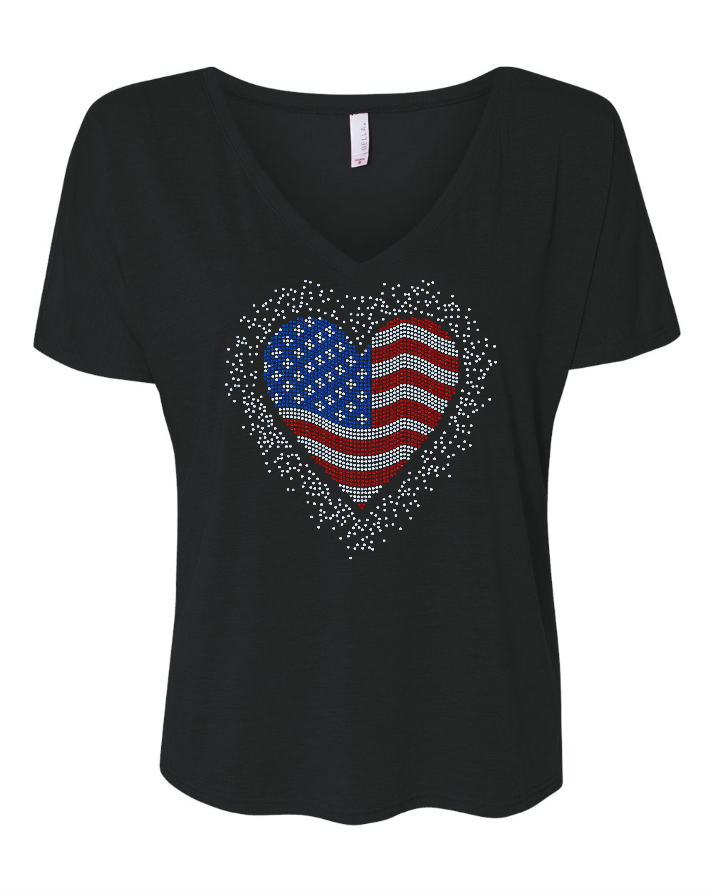 USA Heart Scatter American 4th of July Bling Apparel – Ladies V-Neck Tee, Unisex Crewneck, Ladies Long Sleeve V-Neck Shirt, Unisex Sweatshirt